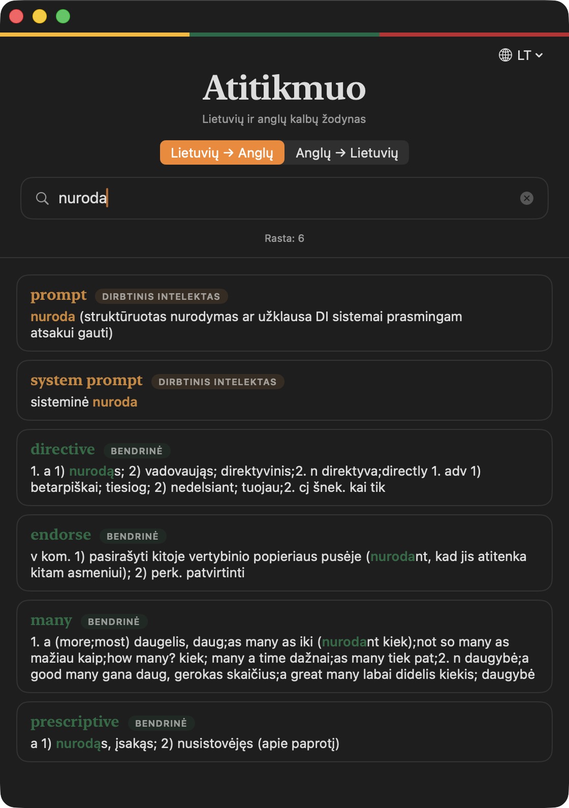 ATITIKMUO lietuvių ir anglų kalbų žodyno darbavaizdis su žodžio „nuroda“ paieškos rezultatais